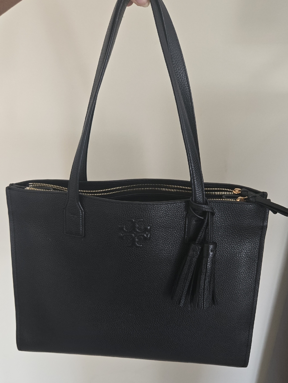 Tory Burch Black Pebbled Leather Double-Zip Tote with Tassel